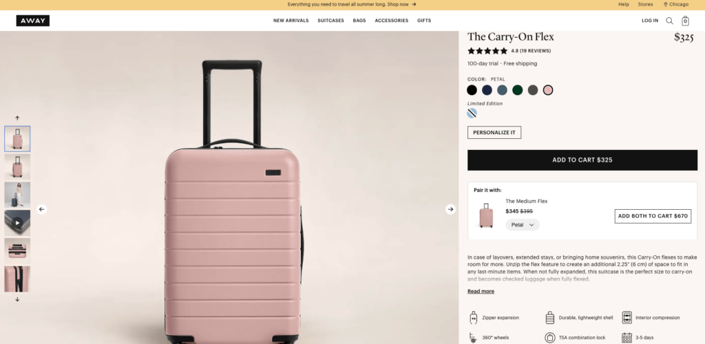 Concept indipendente di una pagina e-commerce per valigeria premium