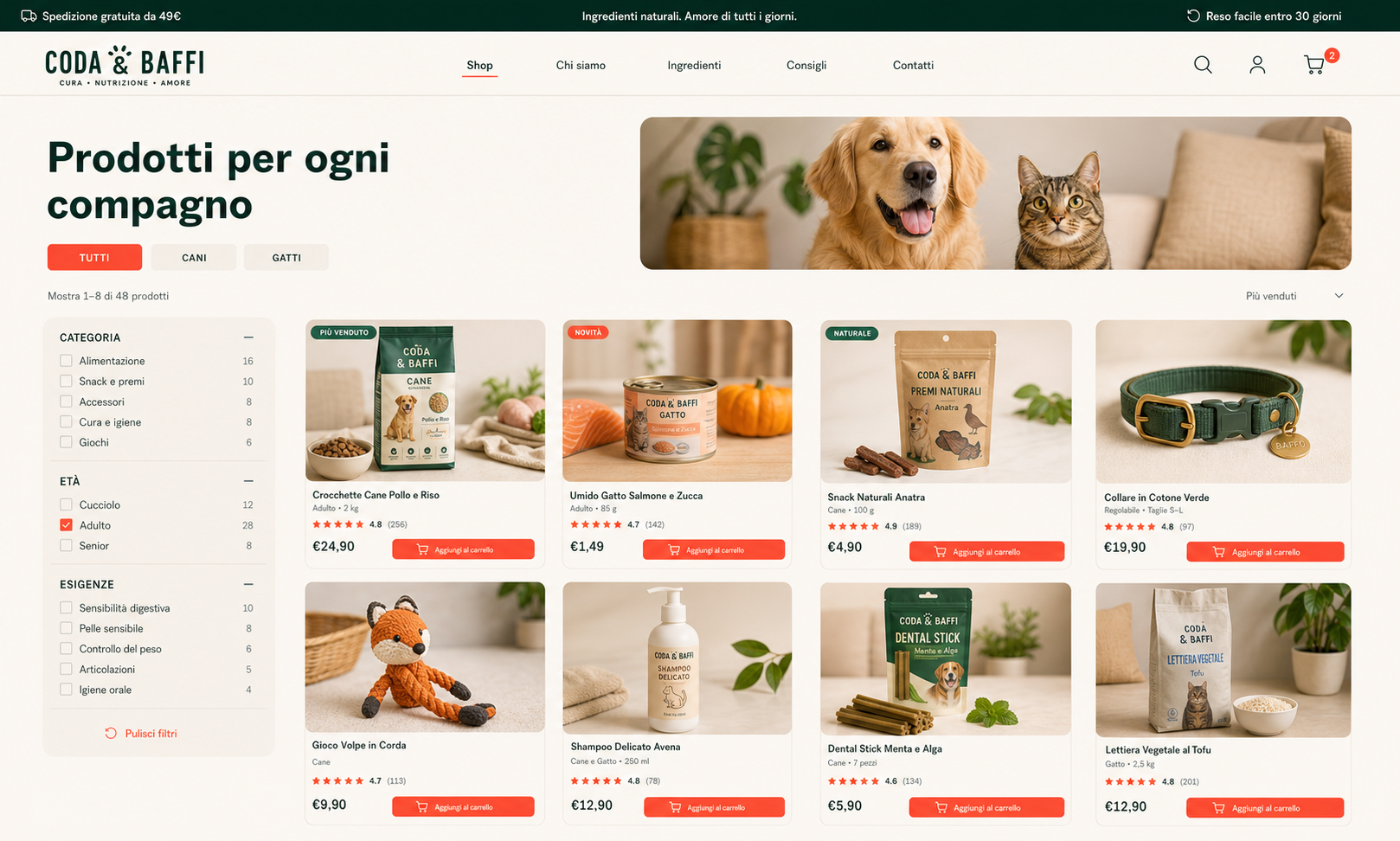 Concept indipendente del catalogo e-commerce Coda e Baffi dedicato a cani e gatti