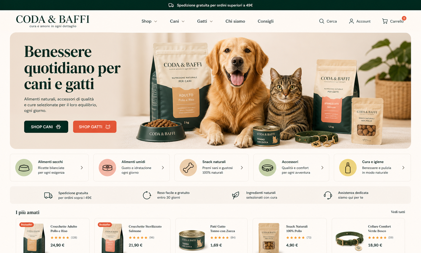 Concept indipendente della homepage pet care Coda e Baffi