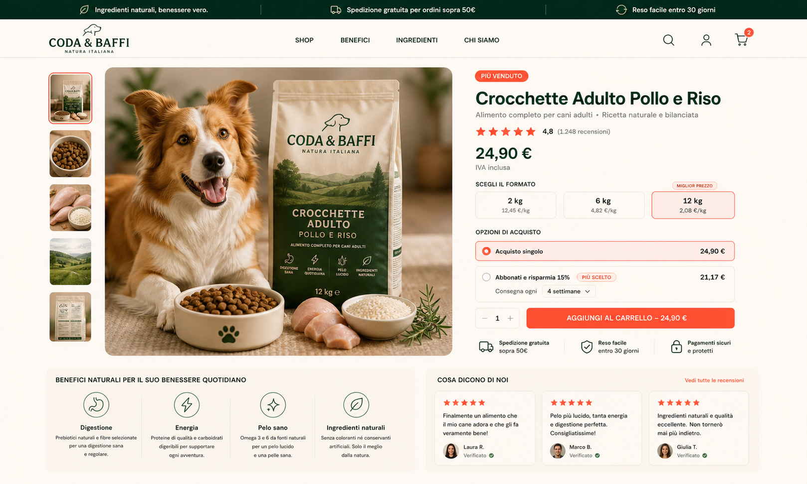 Concept indipendente di una pagina prodotto Coda e Baffi per crocchette naturali