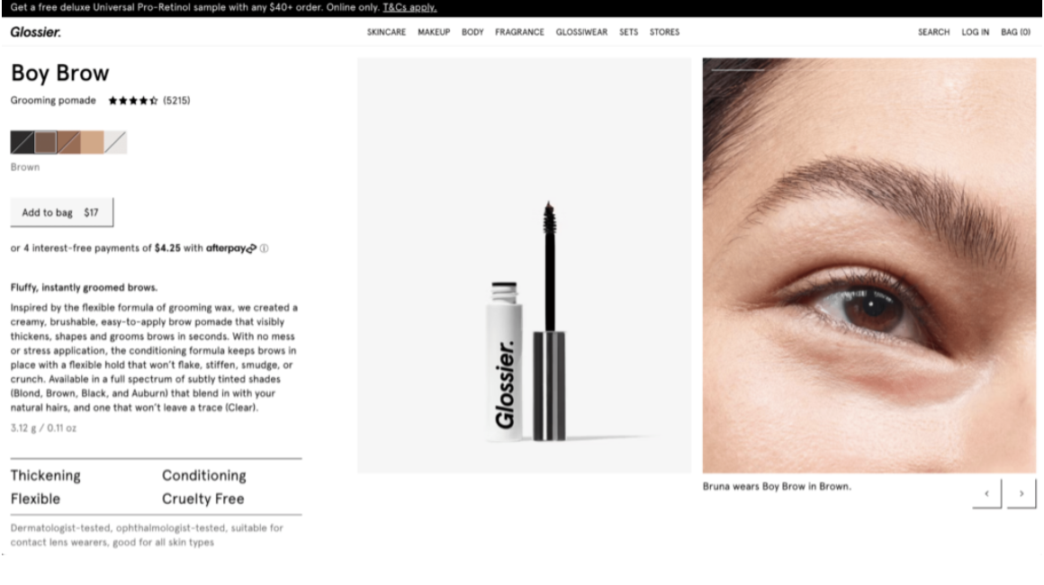 Concept indipendente di una pagina prodotto beauty