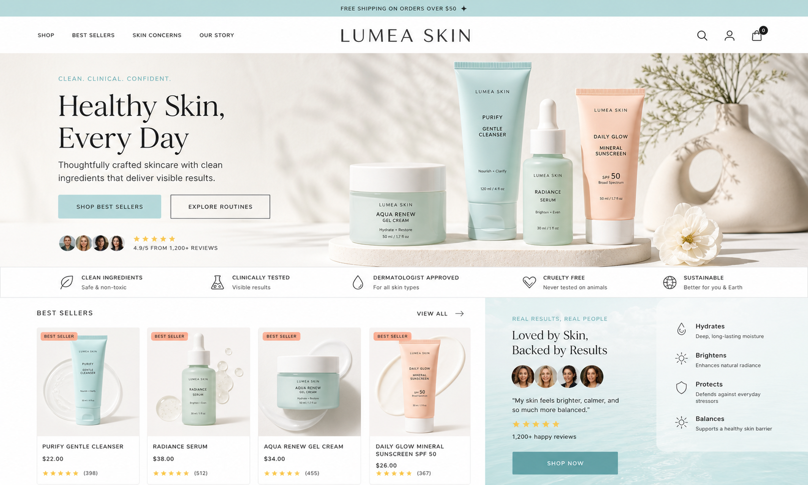 Concept indipendente di una homepage e-commerce per il brand skincare Lumea Skin