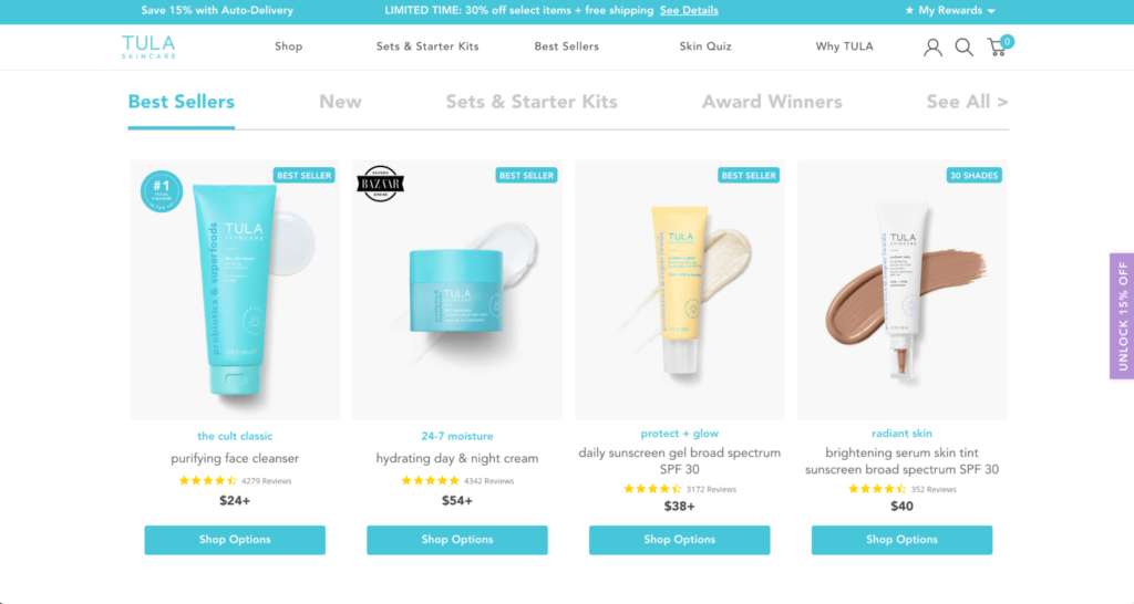 Concept indipendente di un e-commerce skincare, vista del catalogo