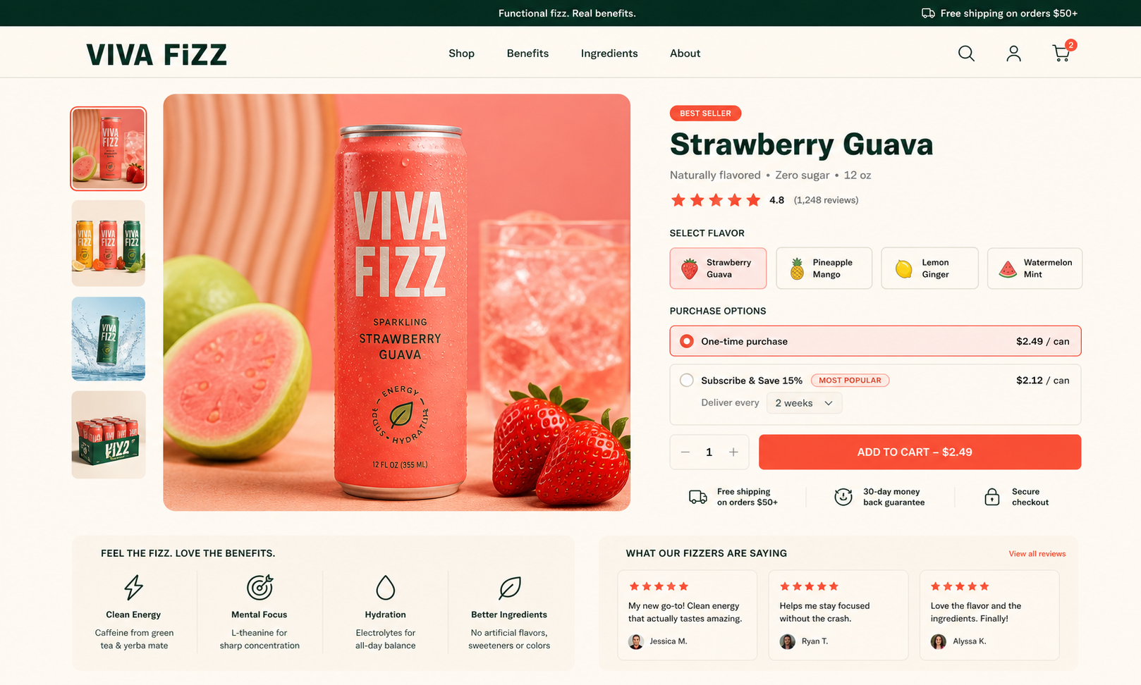 Concept indipendente di una pagina prodotto per la bevanda funzionale Viva Fizz